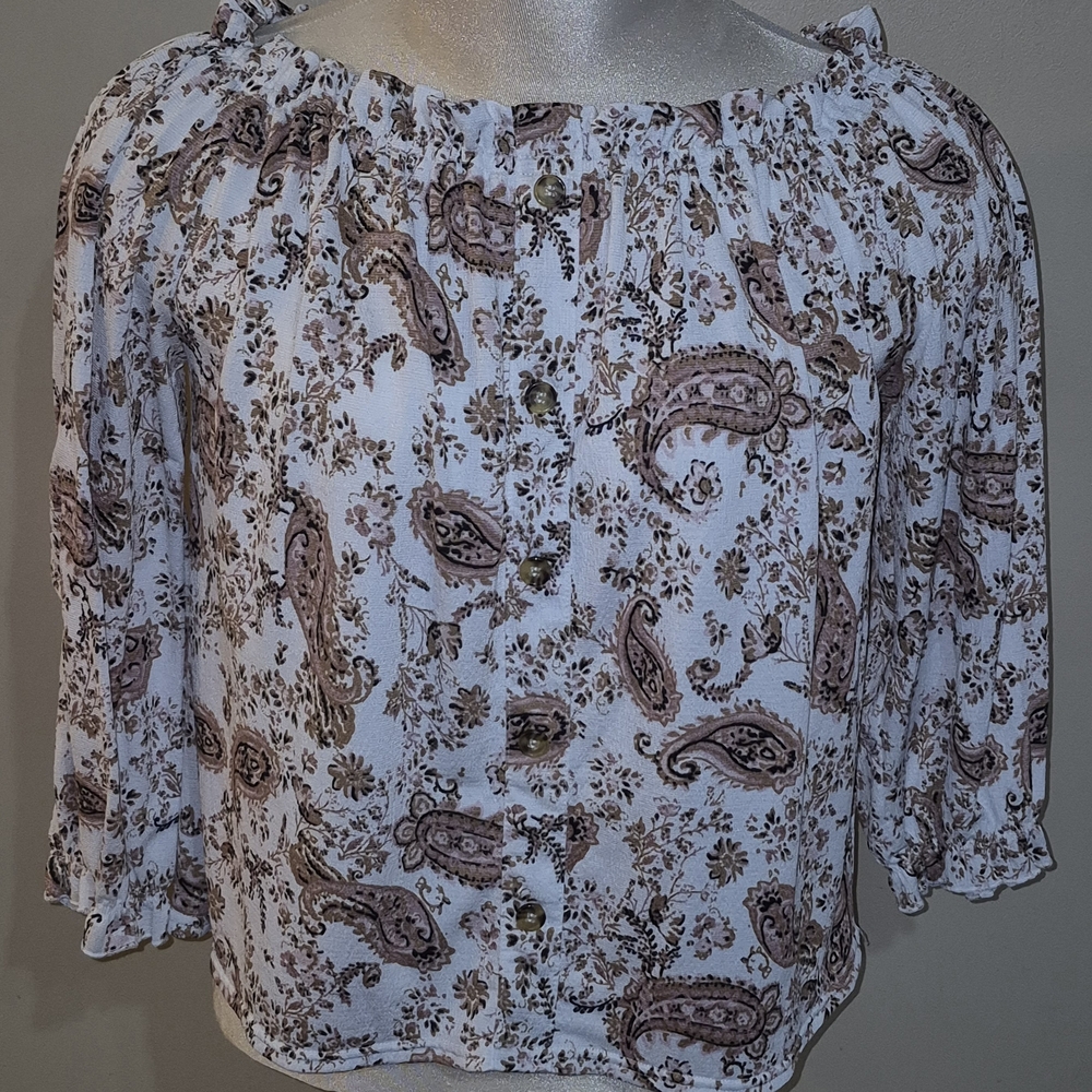 MELLODAY White and Brown Paisley Blouse